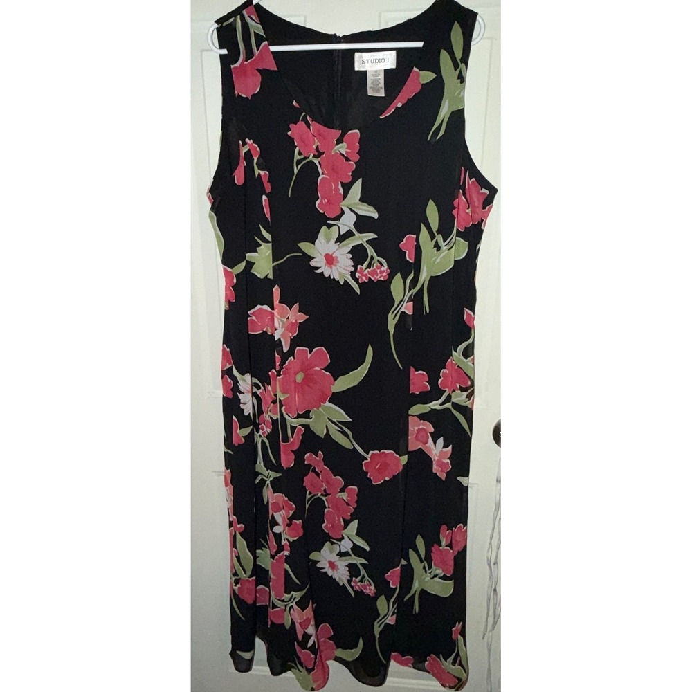 Studio I Size 18 Black Floral‎ Sleeveless Dress Pink Green Midi Wedding Guest